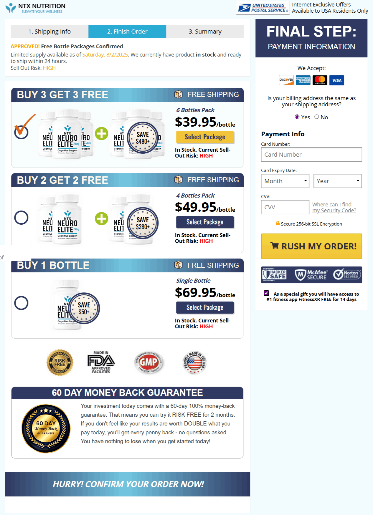 NTX NeuroElite Cognitive Support checkout page